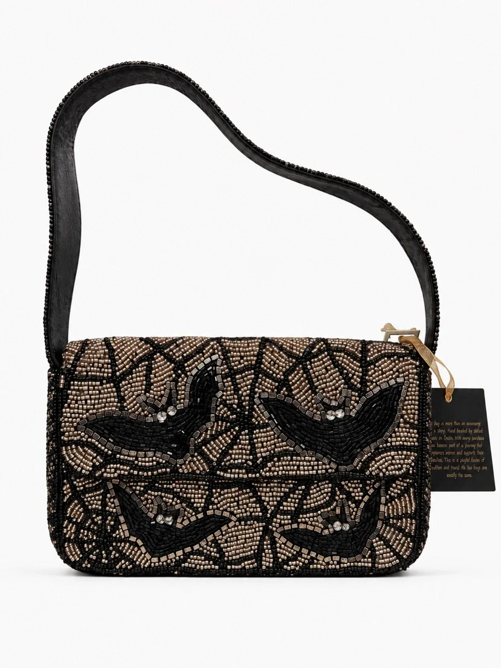 Viral Bat Spiderweb Beaded Bag Black Gold NWT